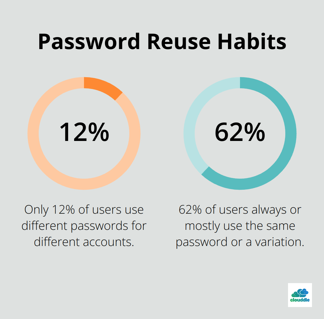 Chart showing 12% of users use different passwords for different accounts, while 62% reuse passwords - network security authentication