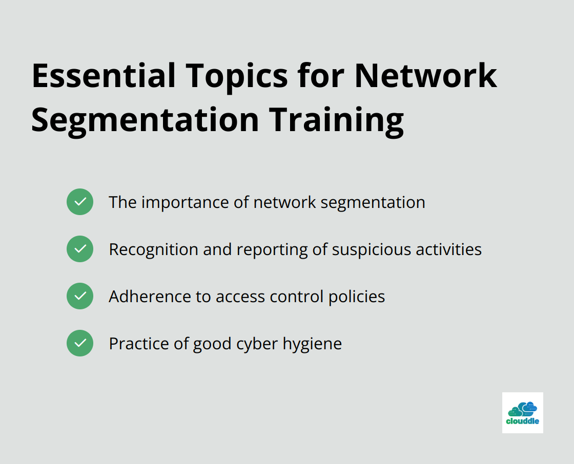 Checkmark list of 4 essential topics for network segmentation training: Importance of network segmentation, Recognition and reporting of suspicious activities, Adherence to access control policies, and Practice of good cyber hygiene - network segmentation security