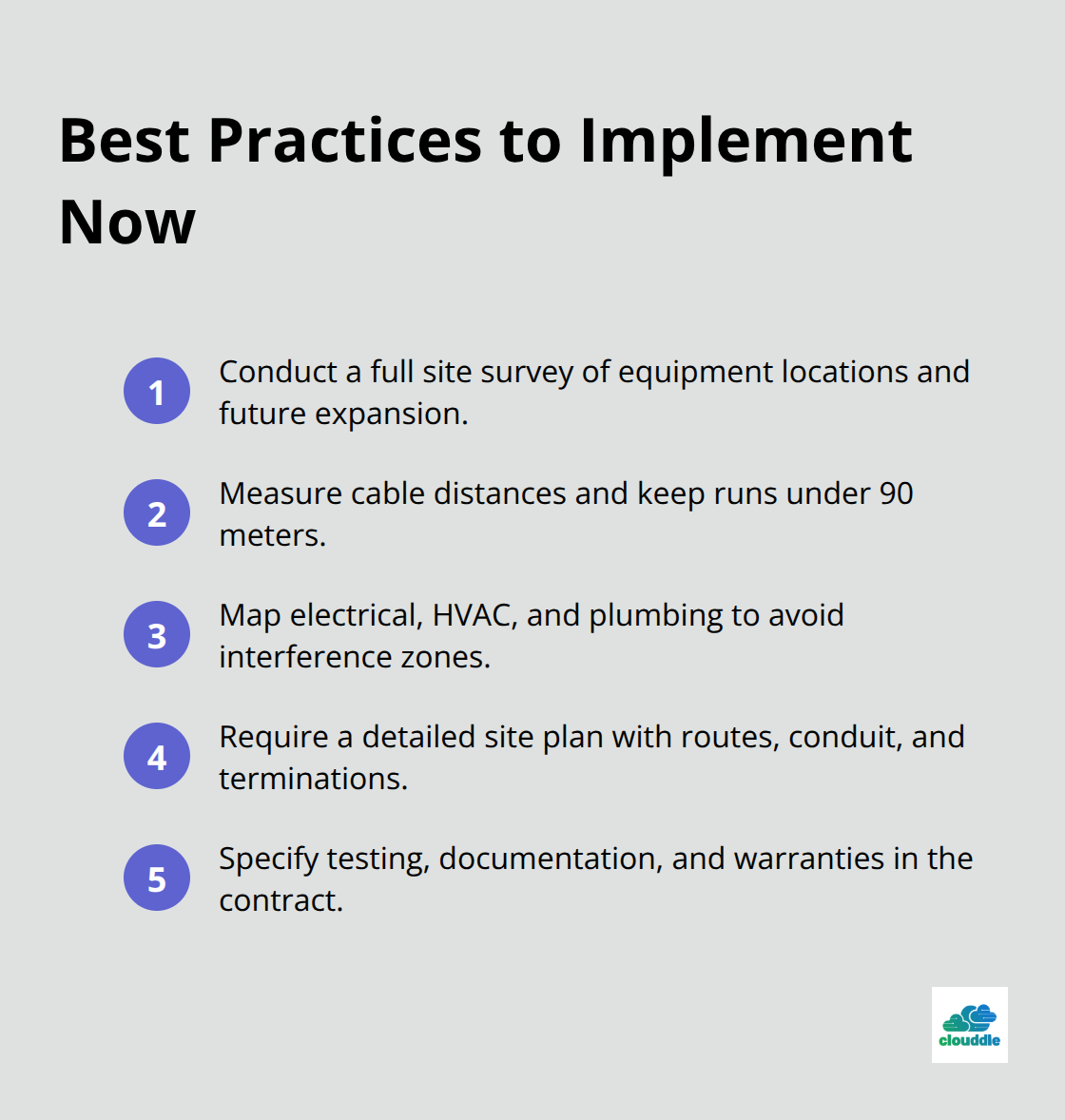 A concise checklist of essential steps for a successful structured cabling project.