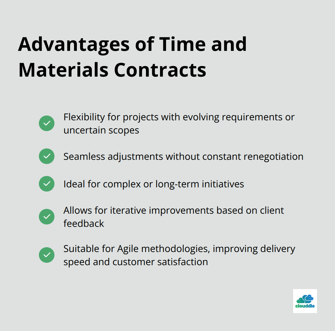 Checkmark list showing the key advantages of Time and Materials contracts in IT projects