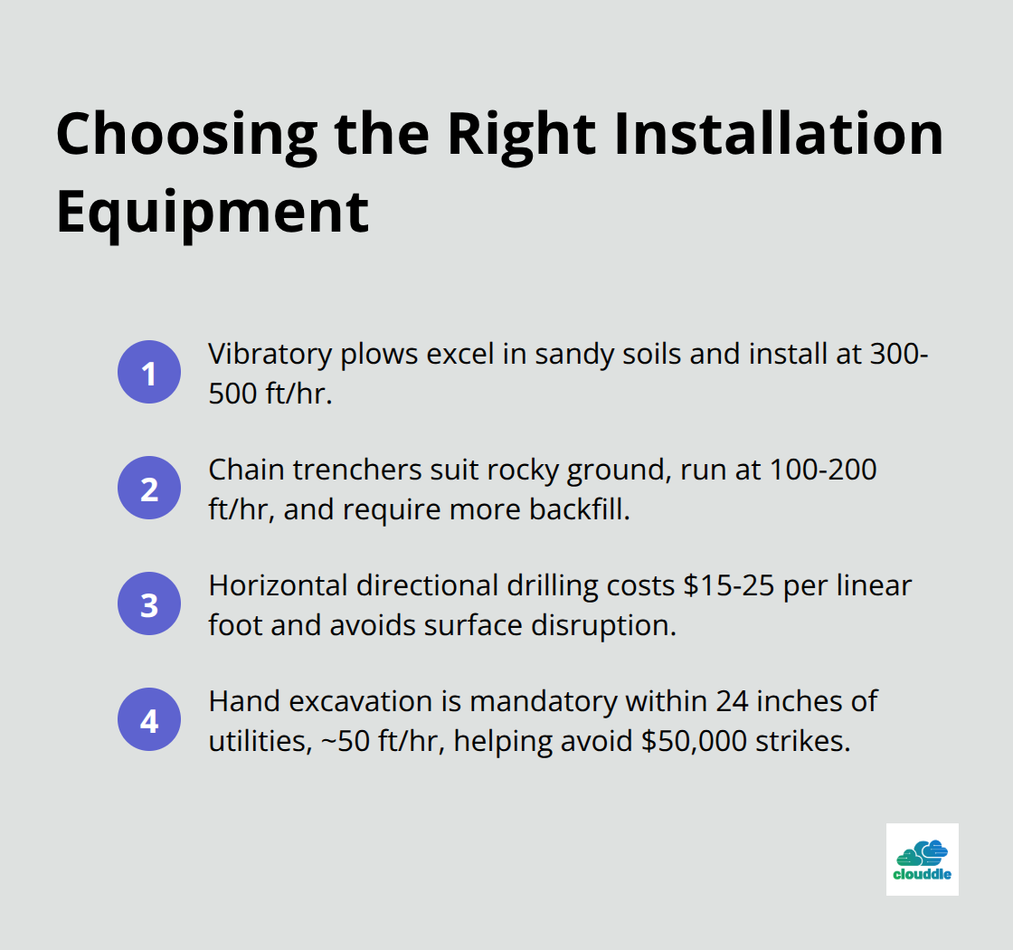 Compact list comparing vibratory plows, chain trenchers, HDD, and hand excavation for underground fiber installs.